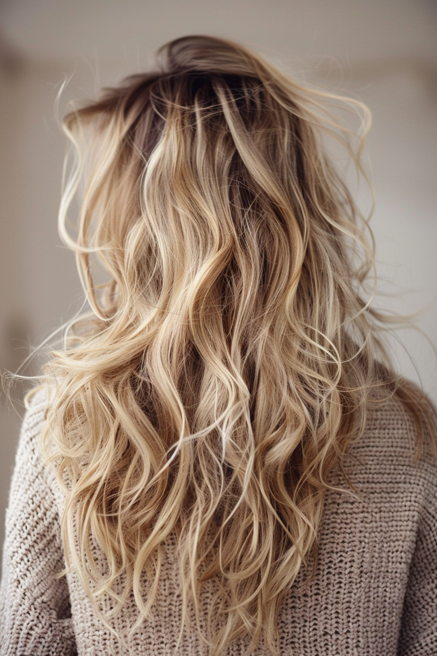 Dirty blonde hair woman hairstyle. Loose beach waves.