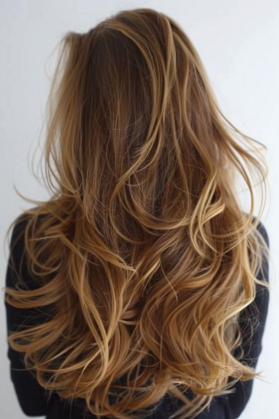 Balayage hairstyle. Caramel brown tones on long, loose waves.