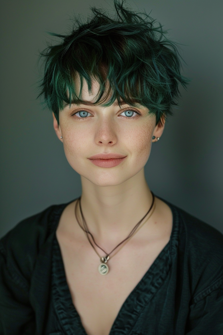 Wolf cut woman hairstyle. Emerald green short hair with bangs.