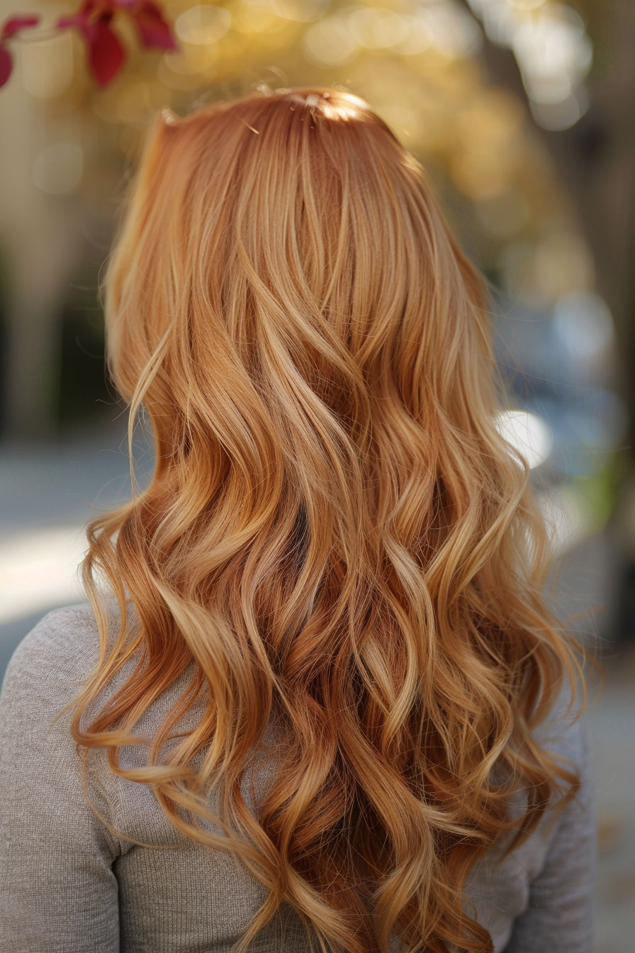 Strawberry blonde hair woman hairstyle. Soft beach waves.