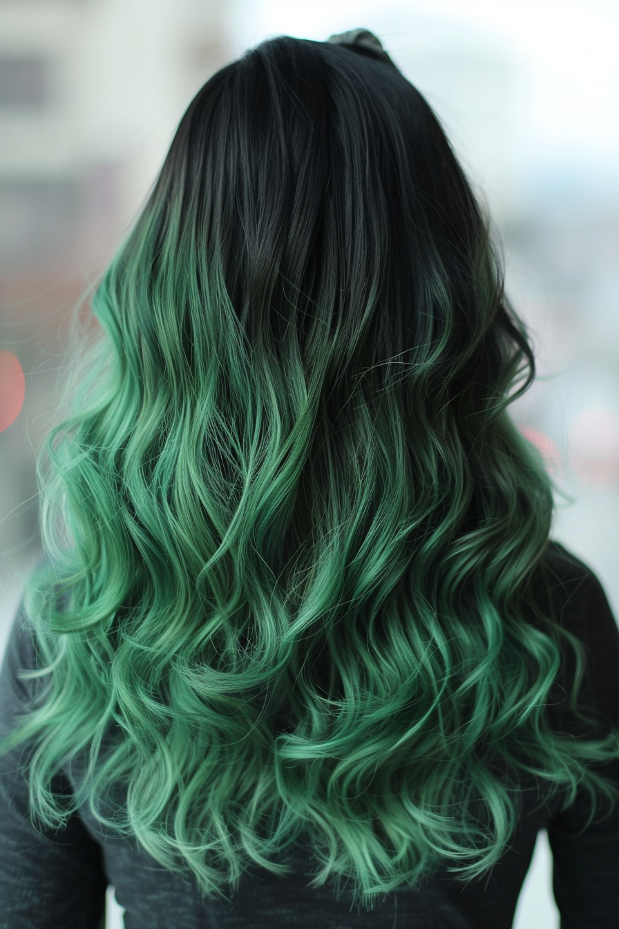 Green ombre hairstyle. Long wavy hair transitioning from brown to moss green.