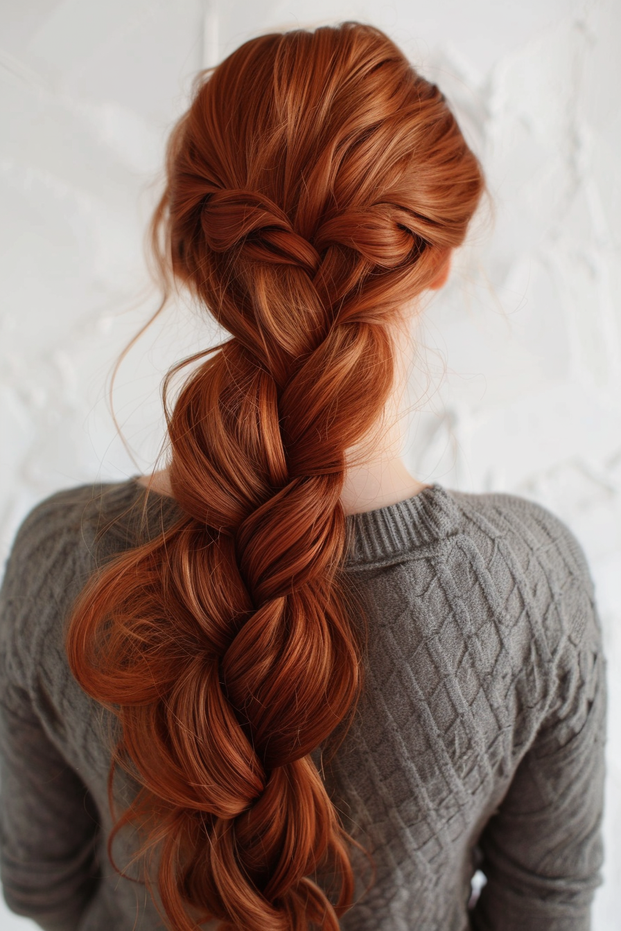 Woman hairstyle. Long auburn hair in comb twist style.