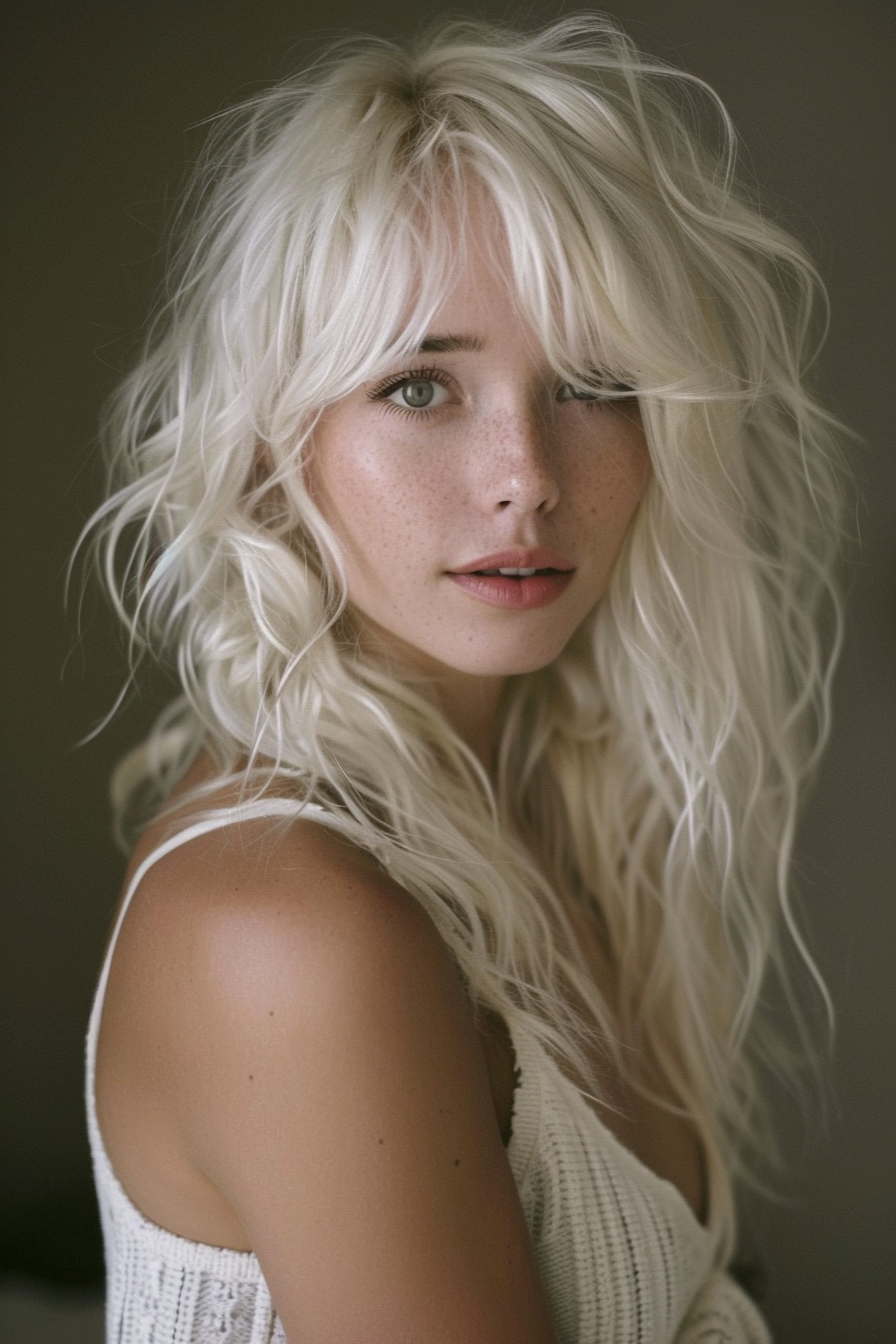 Long wavy hairstyle. Platinum beach waves with side-swept bangs.