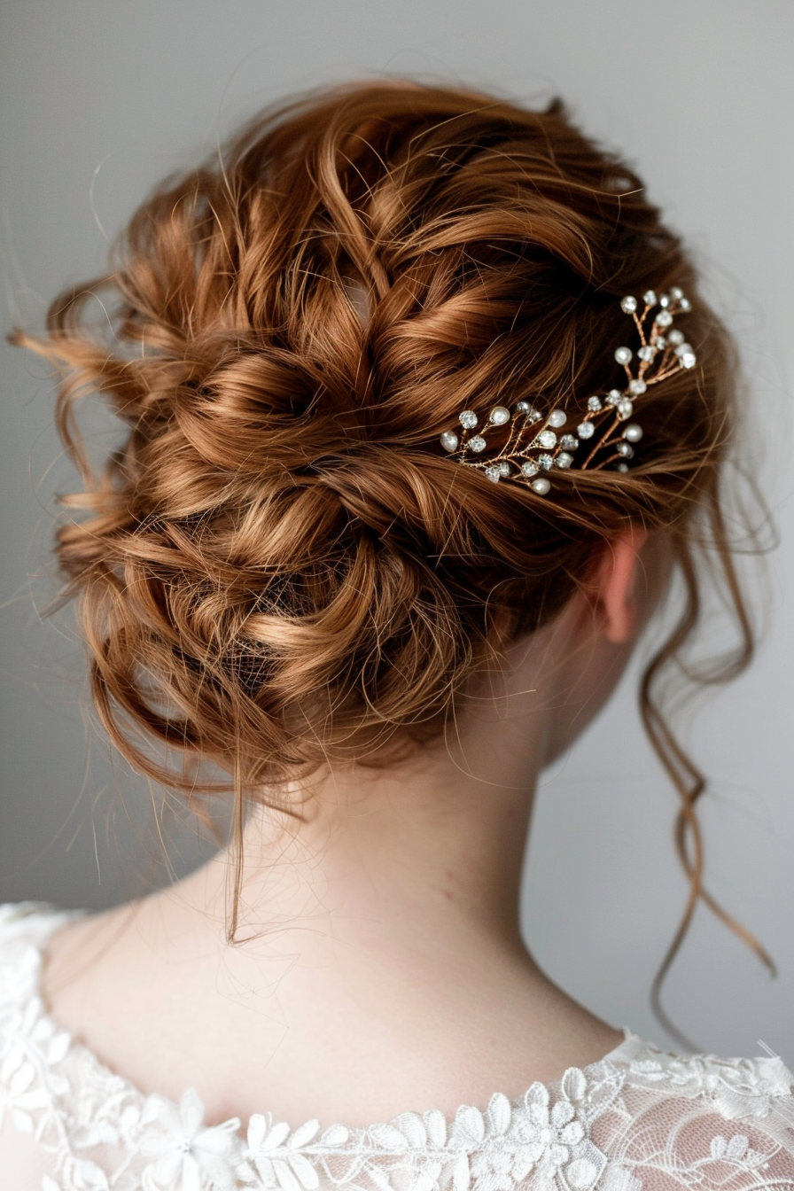 Prom updo woman hairstyle. Loose hairstyle with romantic waves and crystal hairpins.