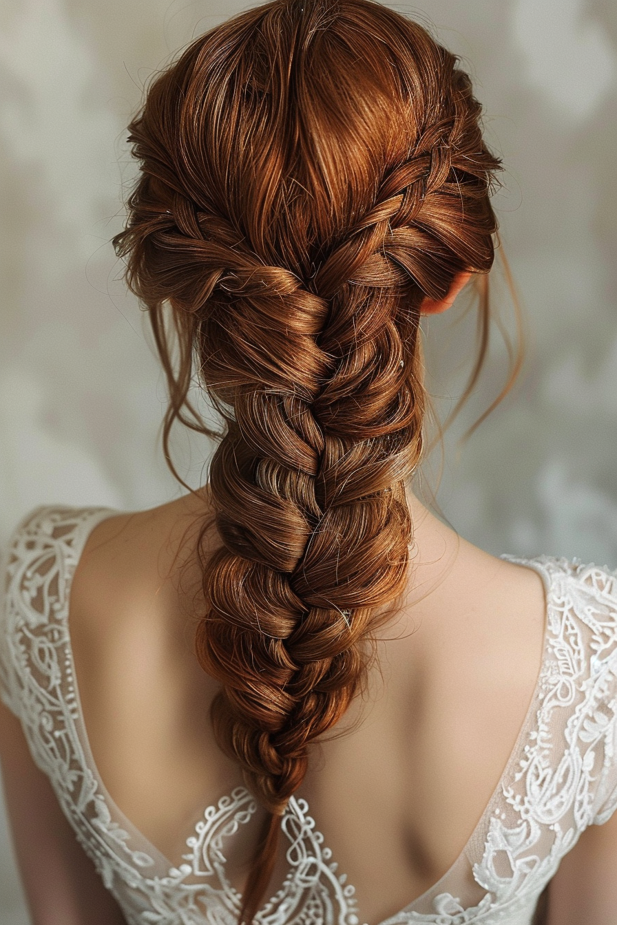 Fishtail Braid Woman Hairstyle. Strands weaving into an intricate elegant cascade down the back.