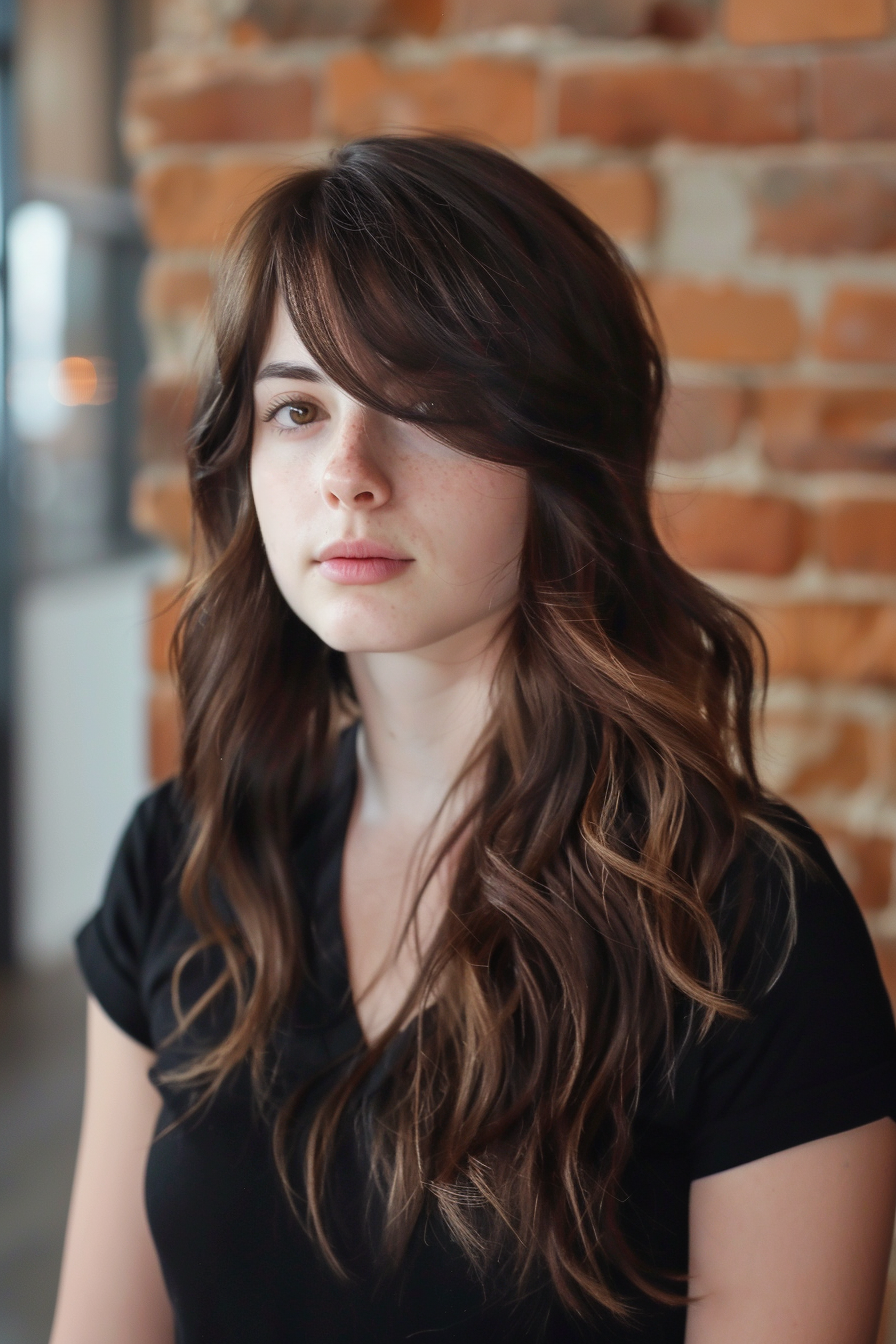 Long woman hairstyle trend. Chestnut waves with side fringe.