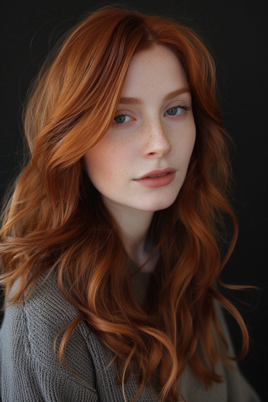 Auburn hair color woman hairstyle. Beachy waves with side parting.