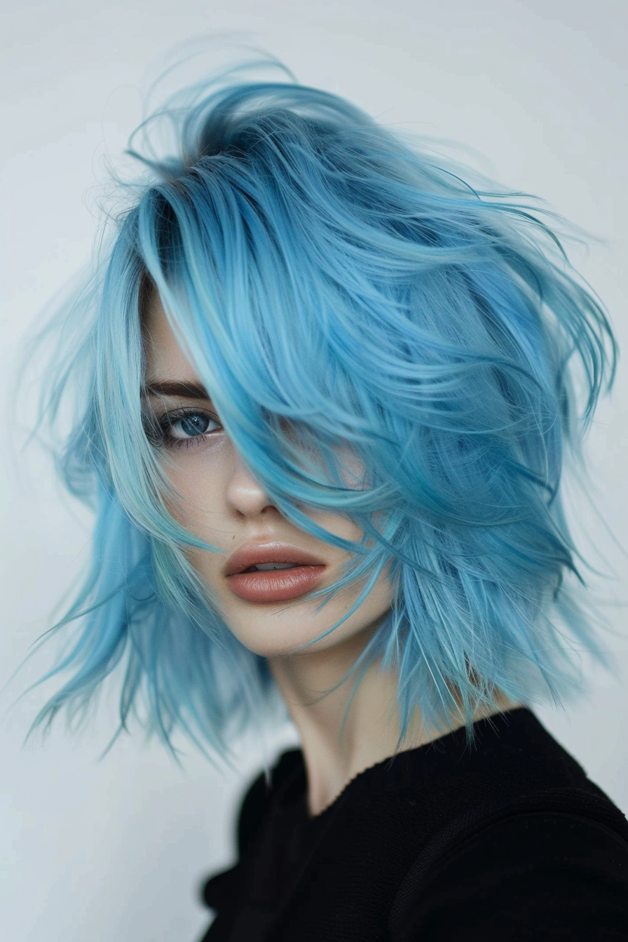 Blue hair color woman hairstyle. Layered bob with side-parting.