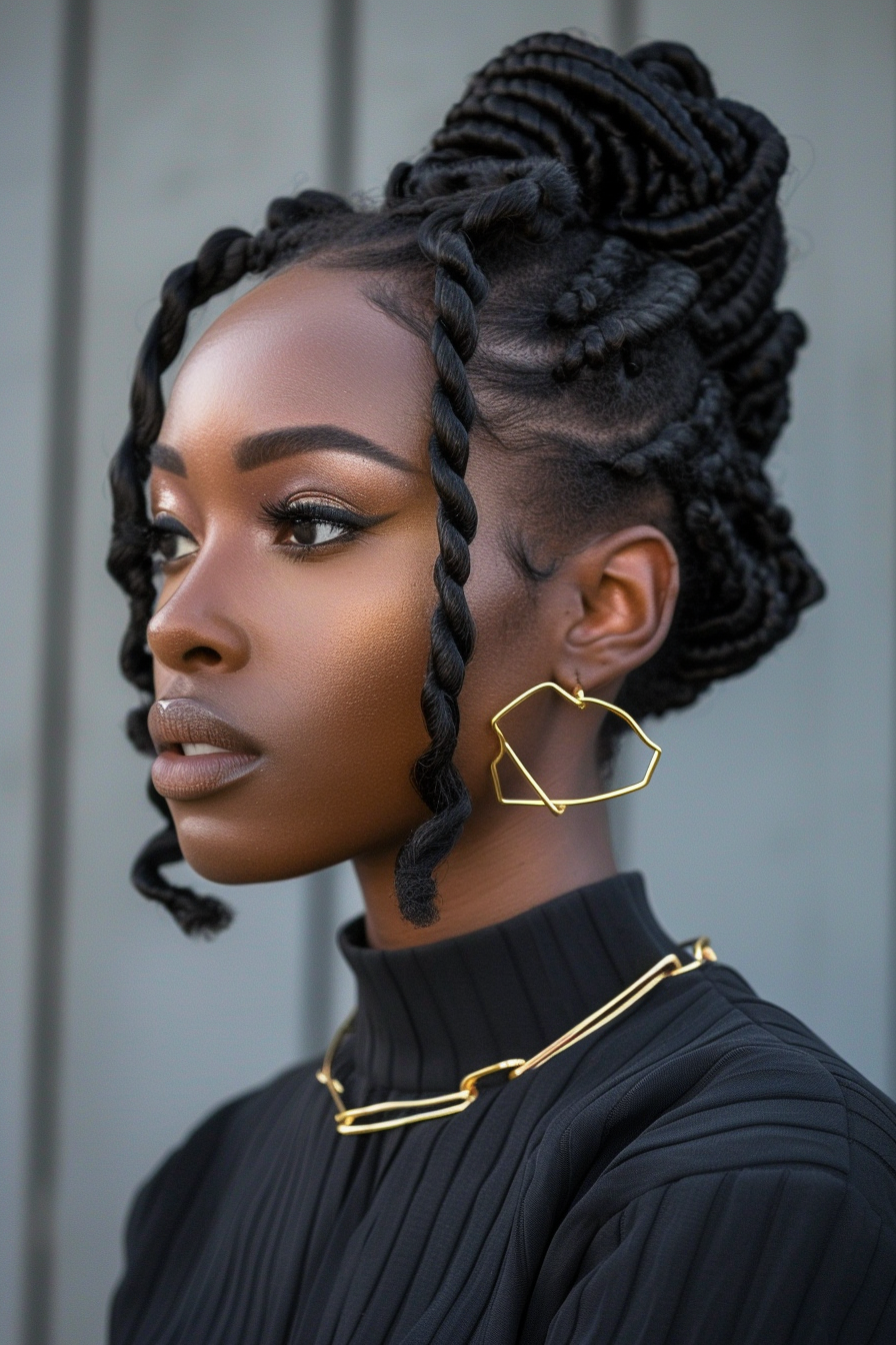 Woman hairstyle. Two-strand twists garnished with gold cuffs.