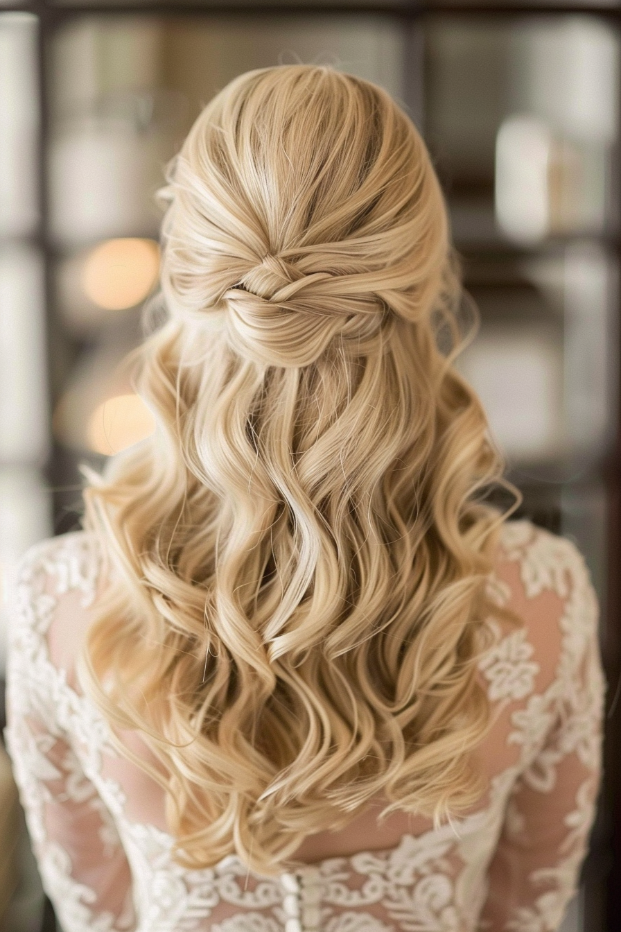 Half-up half-down weave hairstyle. Blonde with loose curls.