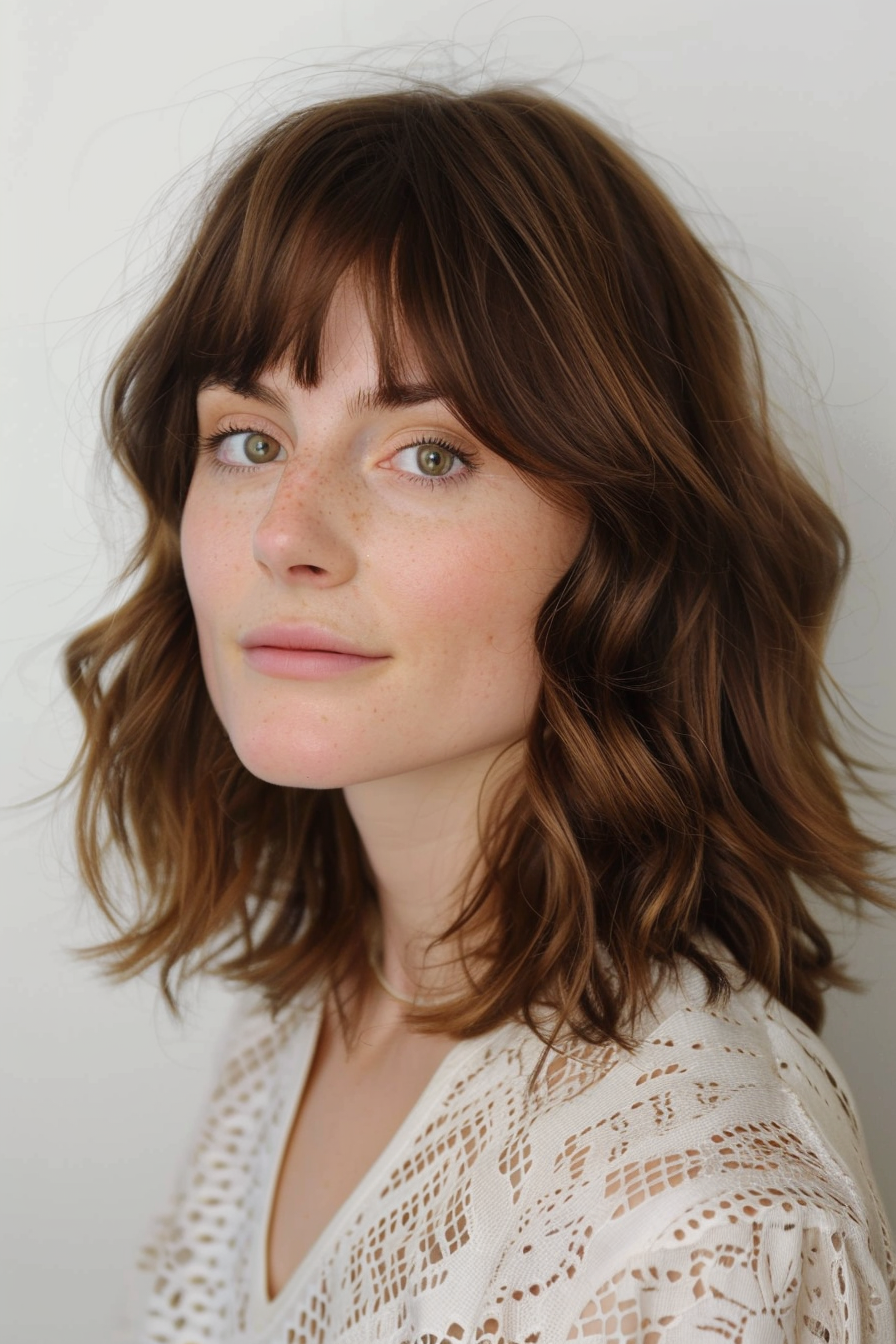 Shoulder-length hairstyle. Chestnut waves with curtain bangs.