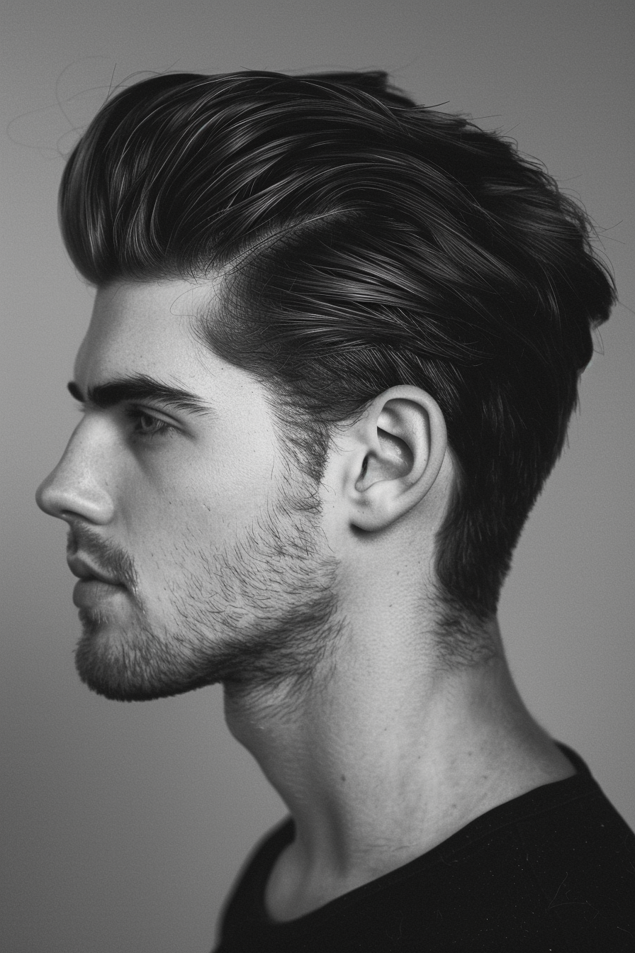 Low taper fade men hairstyle. Sleek swept-back hair with stubble.