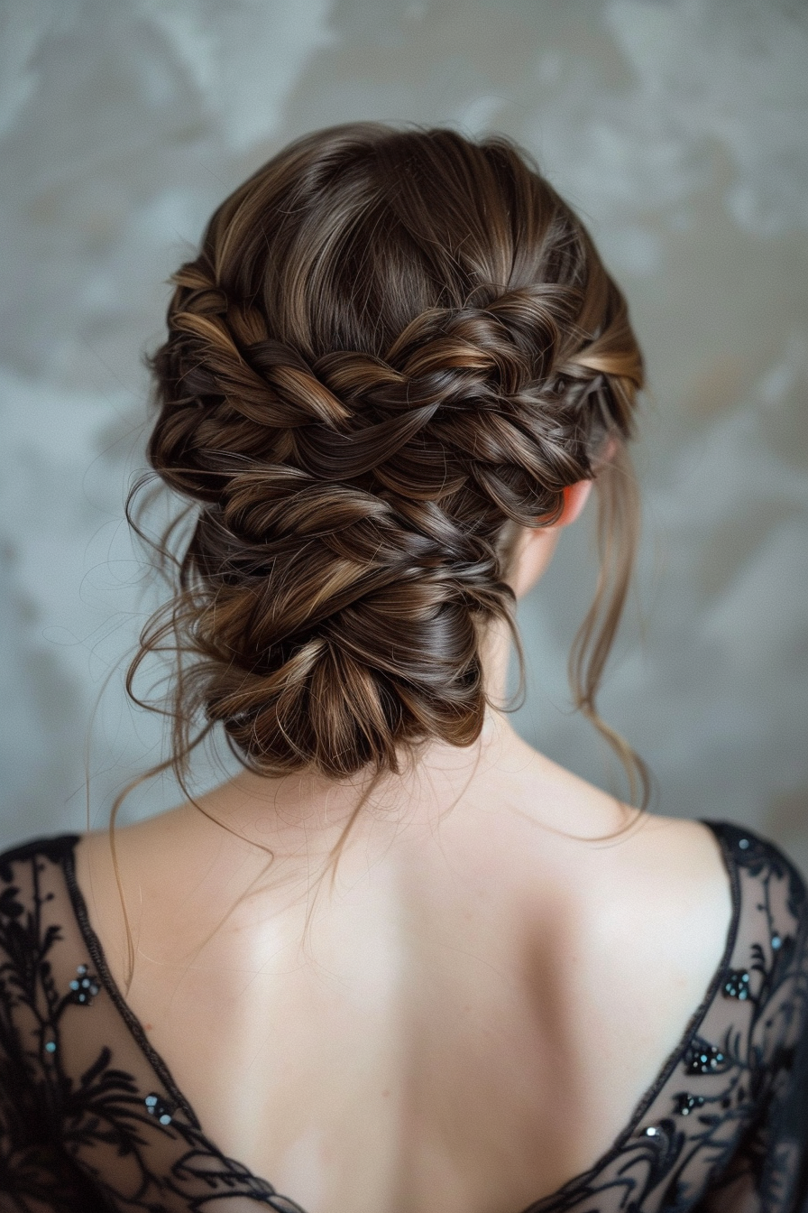 Prom updo woman hairstyle. Brunette long hair, intricately braided into an elegant bun.