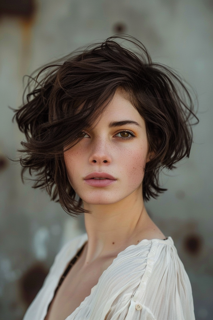 Short wavy hairstyle for women. Layered bob with side part.