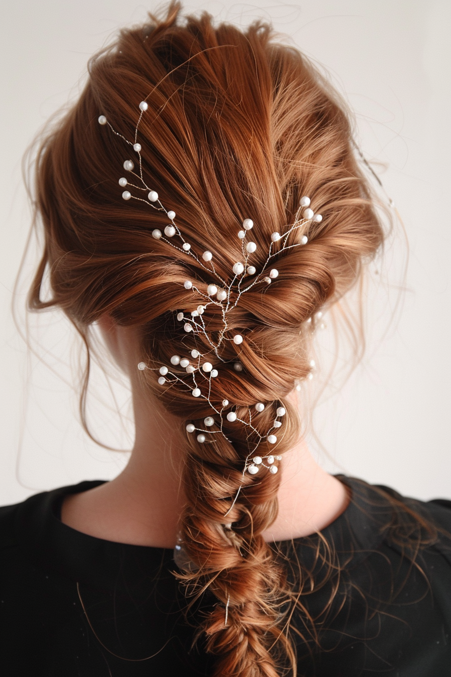 Woman hairstyle. Light brown loose fishtail braid adorned with small pearl hairpieces.