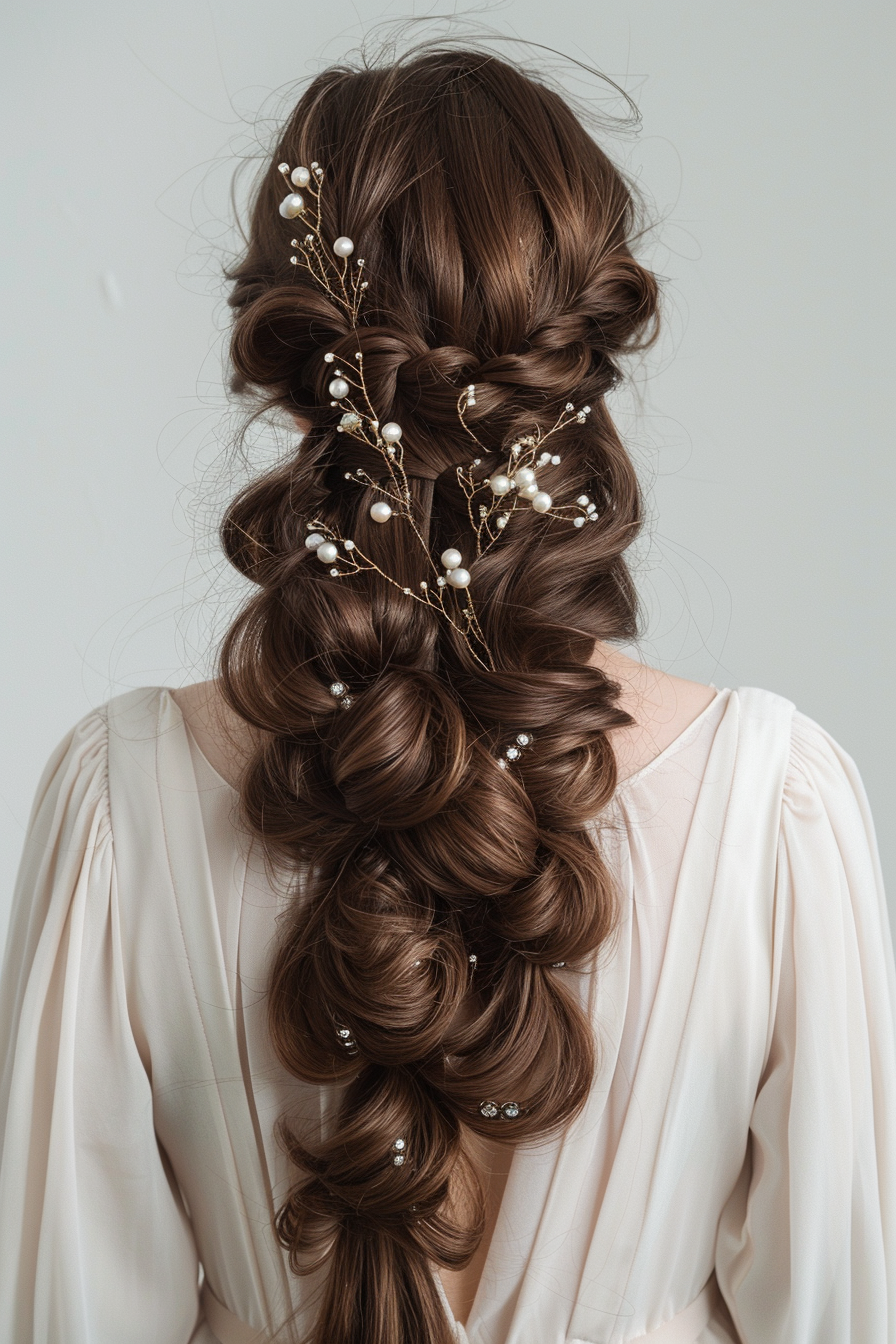 Long woman hairstyle. Chocolate brown cascading curls with pearl hair clips.