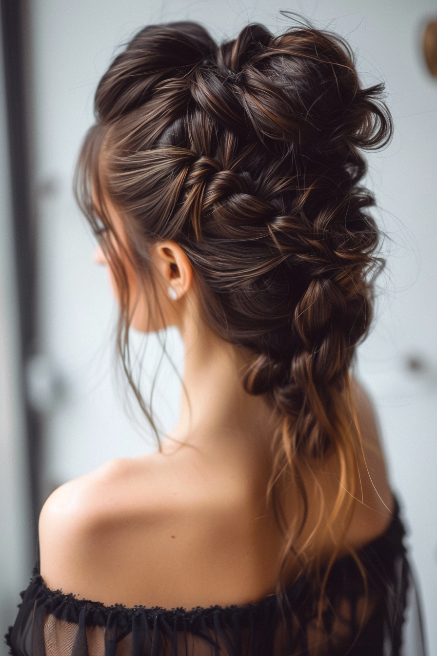 Prom updo hairstyle. Chocolate brunette braided high bun.