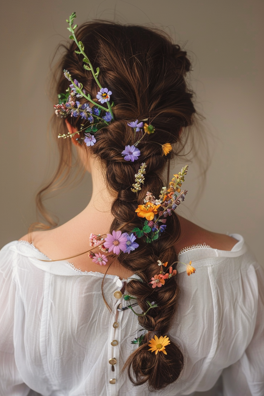 Woman's hairstyle. Messy waterfall braid with summer flowers attached.