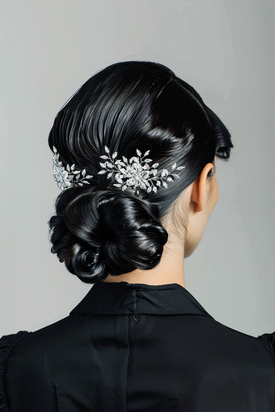 Woman hairstyle. Comb twist-updo with silver hair clips.