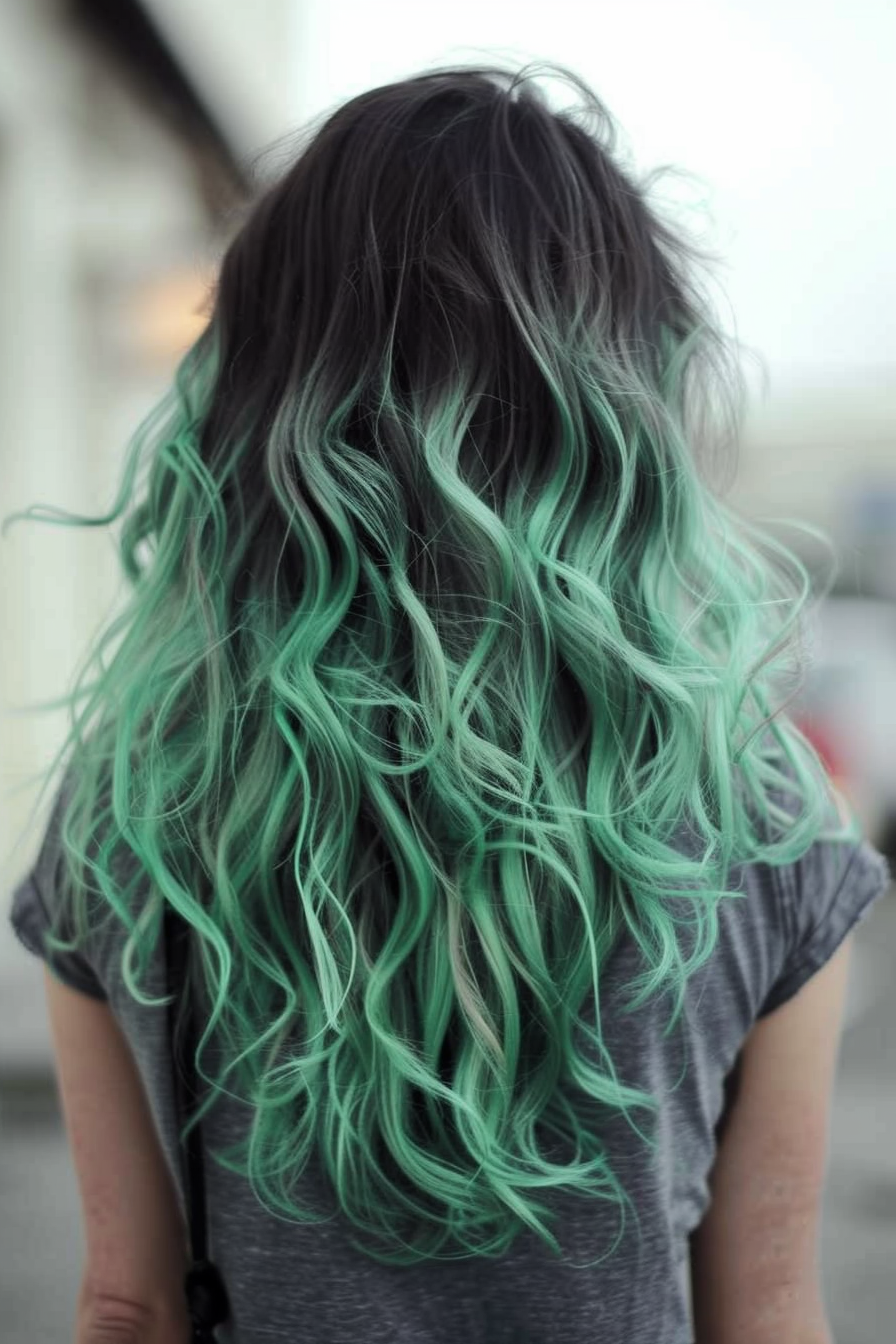 Green ombre hair woman hairstyle. Dark emerald fading into fresh mint tips.