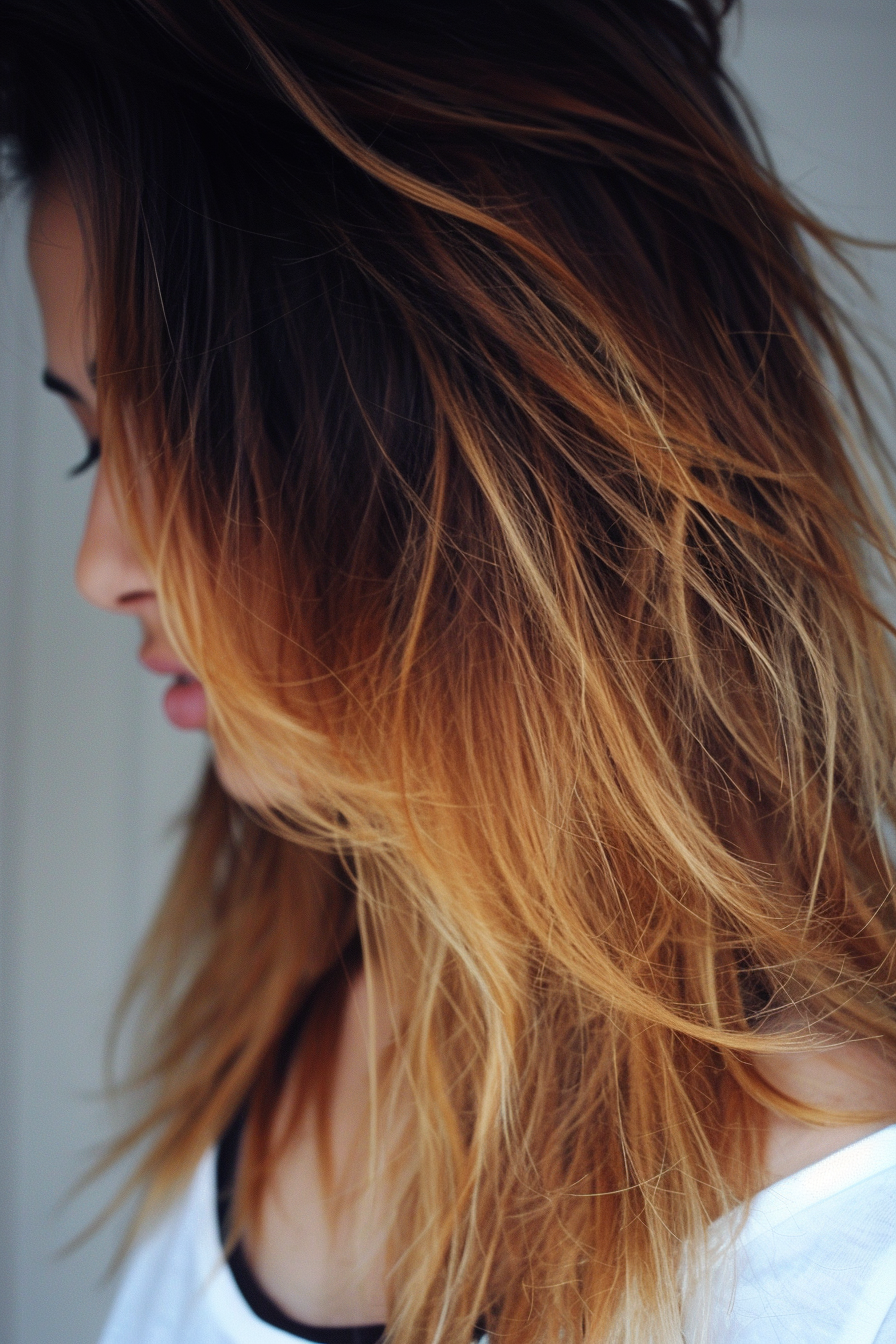 Summer hairstyle. Ombre hair with honey blonde ends and deep brunette roots.