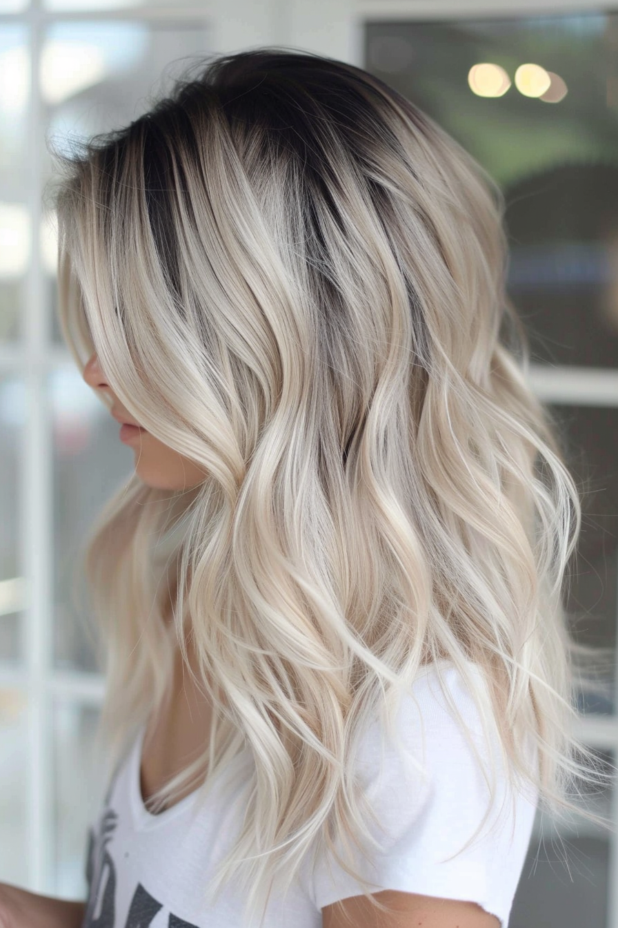 Balayage hair color hairstyle. Icy blonde fade with dark roots.