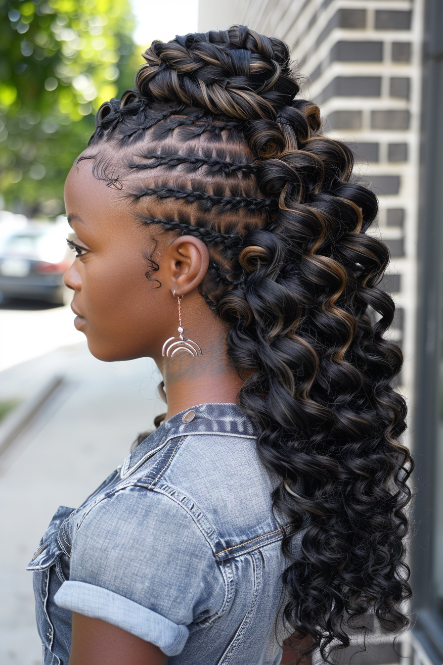 Half-Up Half-Down Weave Woman Hairstyle. Braided cornrows with jumbo glamorous curly tails.