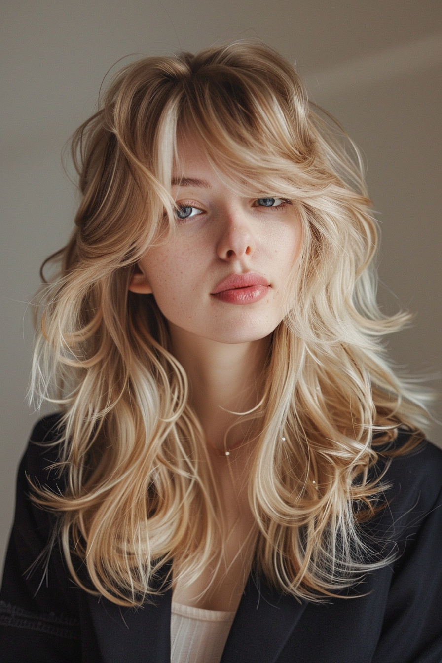 Layered haircut woman hairstyle. Blonde beachy waves with fringe.