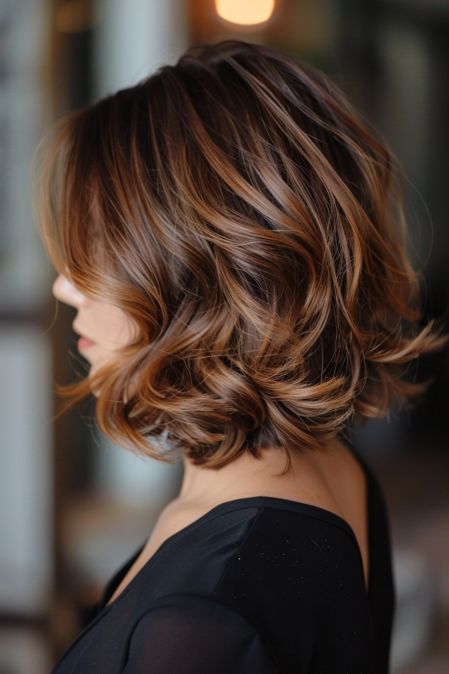 Balayage hairstyle. Caramel tones on layered bob.