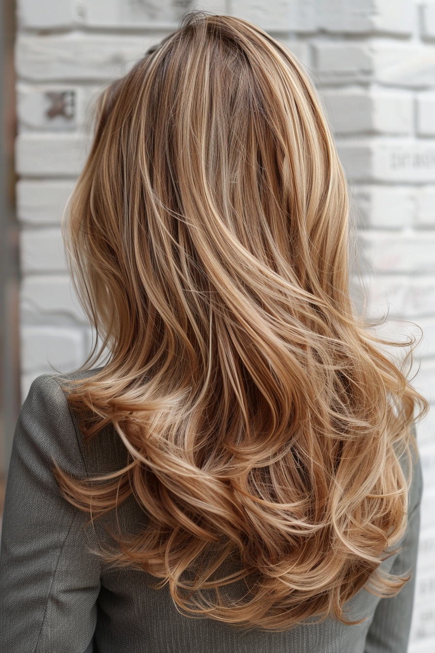 Layered haircut woman hairstyle. Balayage long layers with soft curls.