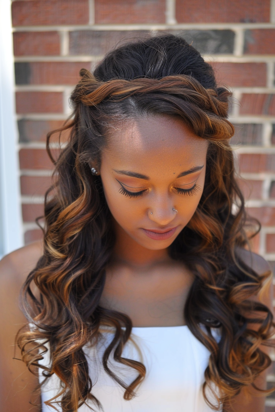 Half-up half-down weave hairstyle. Caramel highlights with soft waves.