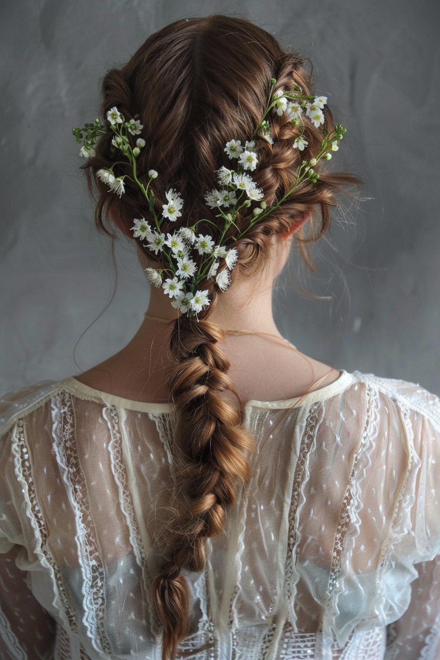 Braided hairstyle. Fishtail braid adorned with small white flowers.