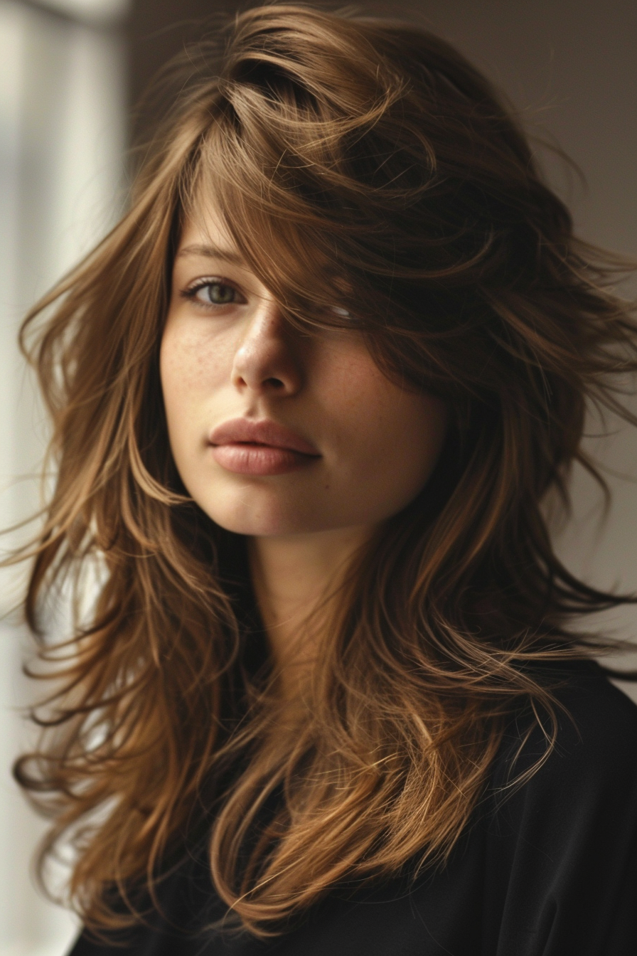 Layered haircut for women. Lonchoping layers with side thin bangs.