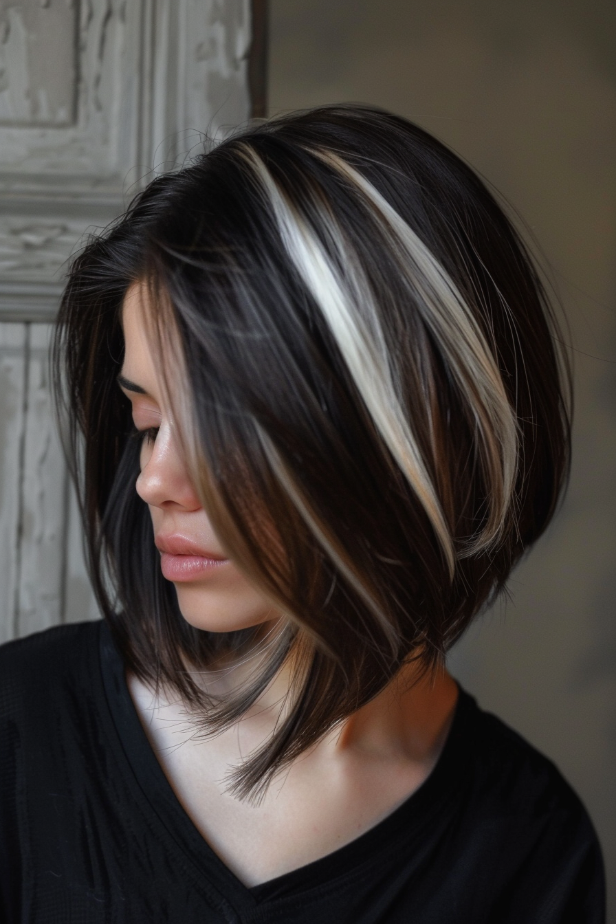 Money Piece Highlight Hairstyle. Platinum blonde streaks on brunette bob.