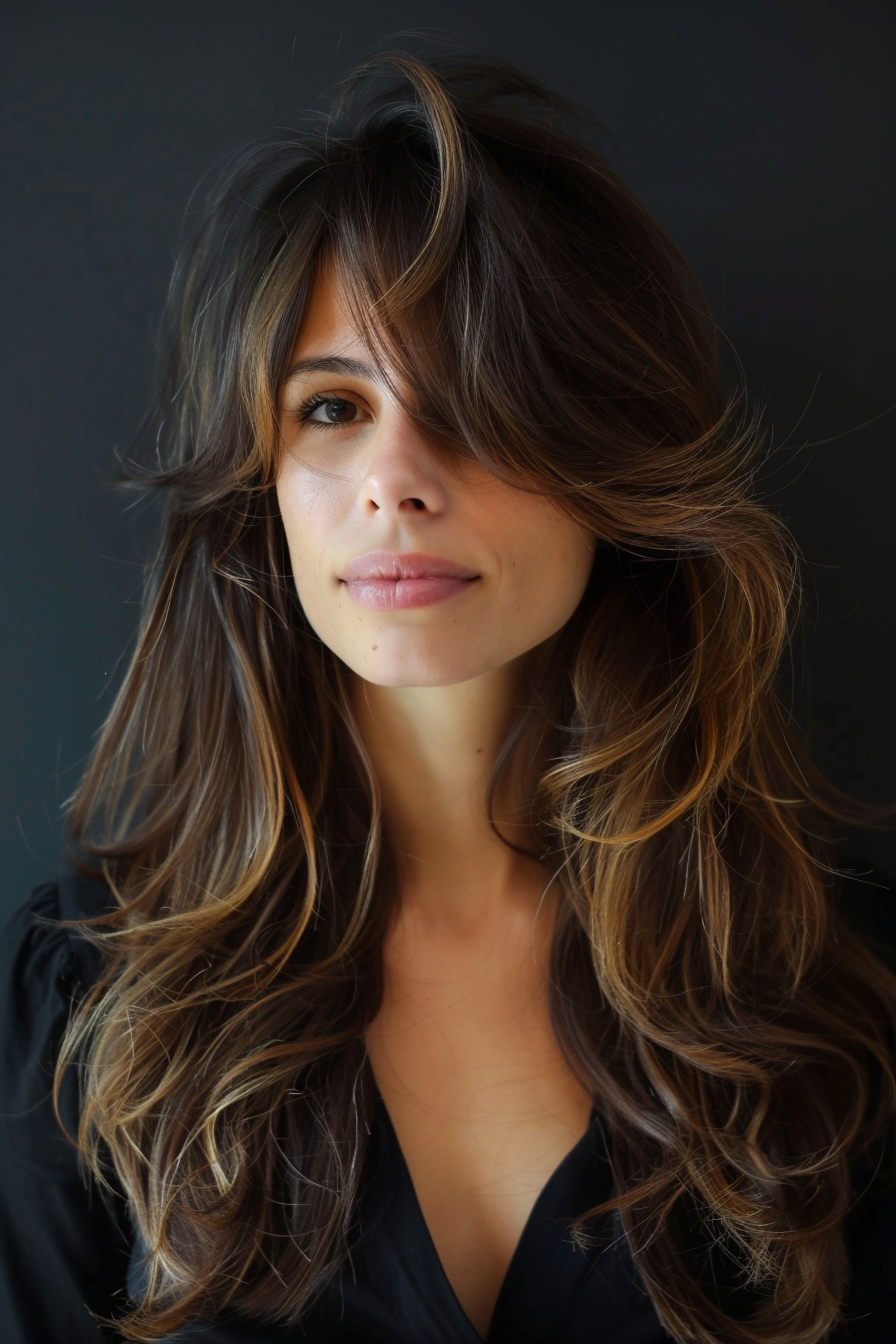 Layered haircut woman hairstyle. Long hair with loose waves and side bangs.