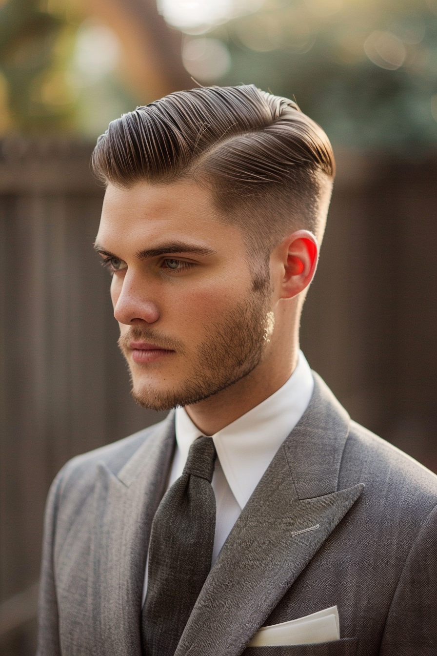 Low Taper Fade haircut. High shine pomade, sleek and side-parted.