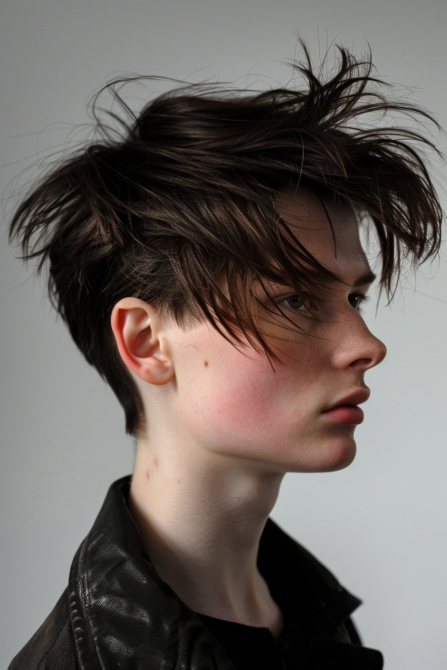 Edgar Cut hairstyle. Dark brown hair with sharp edges.