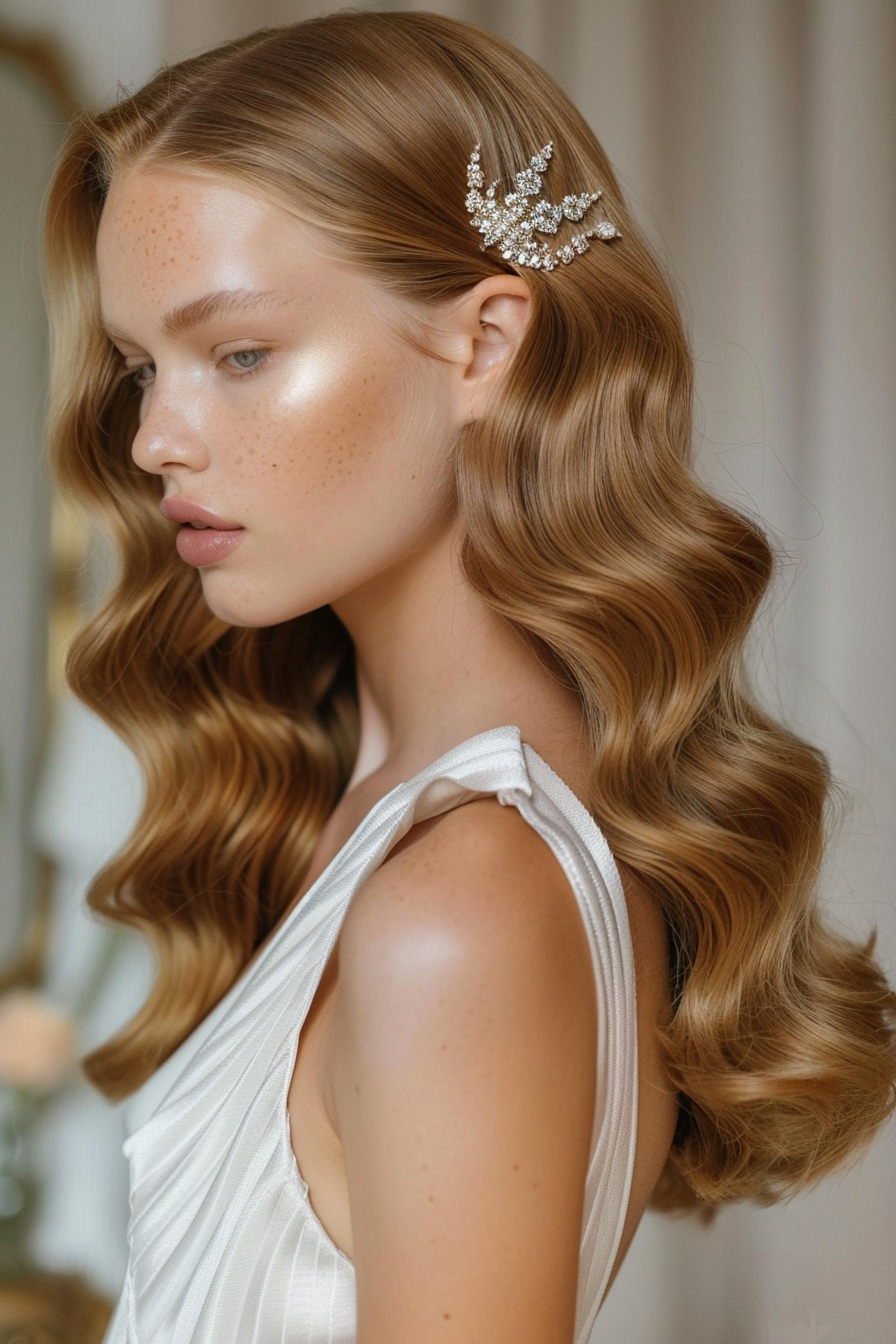 Long wavy hairstyle. Side-swept caramel blonde waves with a diamond-studded hairpin.