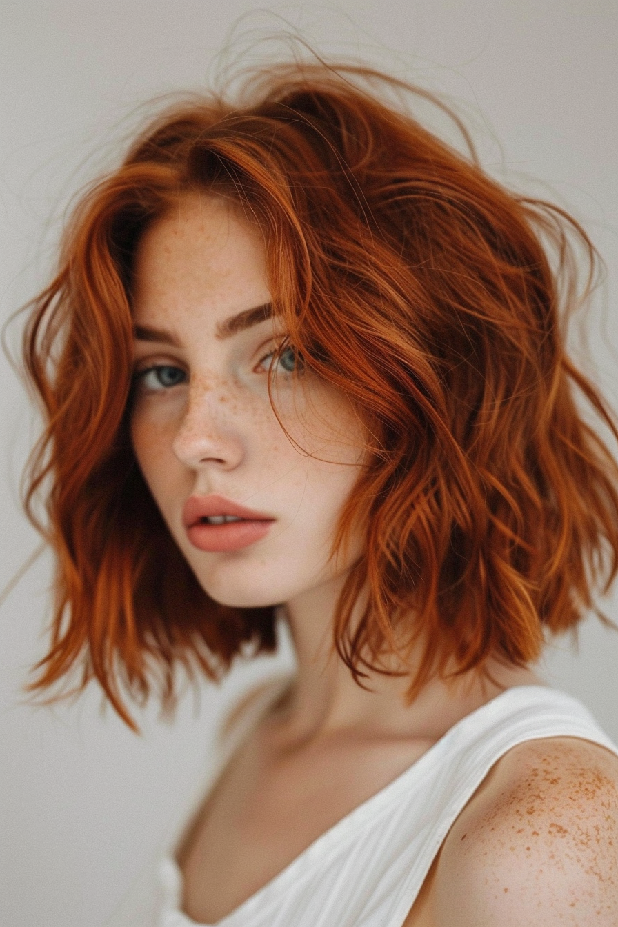 Short wavy hairstyle. Auburn-tinted hair in a bob cut.