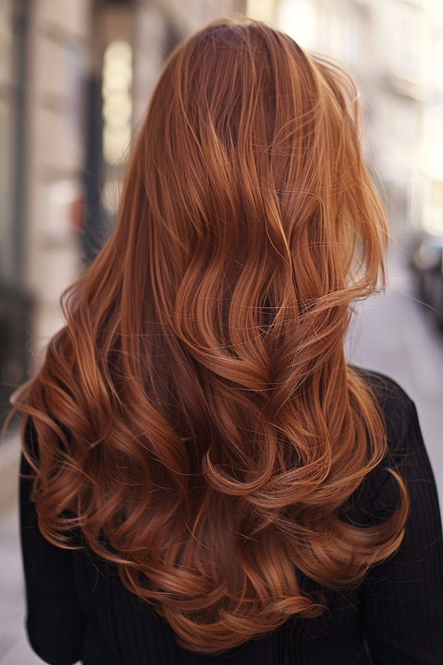 Long wavy hairstyle. Chestnut brown hair with light golden highlights.