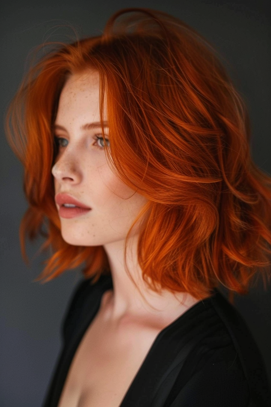 Auburn hair color woman hairstyle. Loose, wavy bob cut.