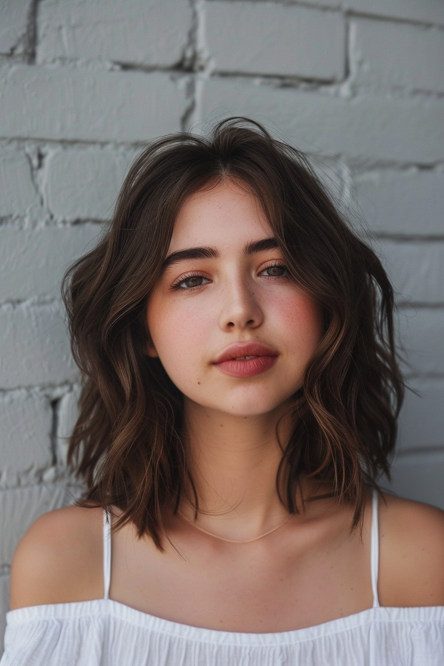 Trendy summer woman haircut. Lob with soft beach waves.