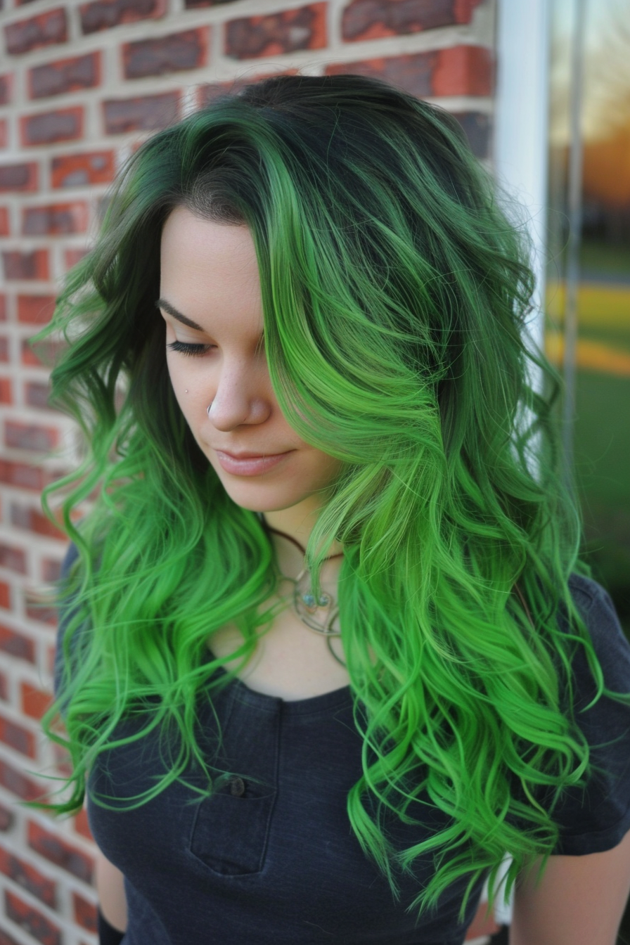 Green ombre hairstyle. Forest green at roots fading to lime tips.