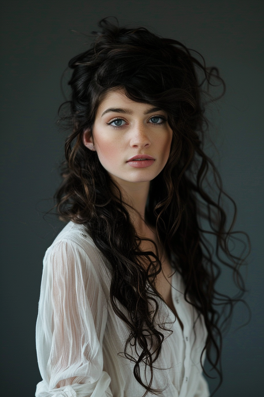 Gorgeous sloppy pouf hairstyle. Long, wavy hair with front framing curls.