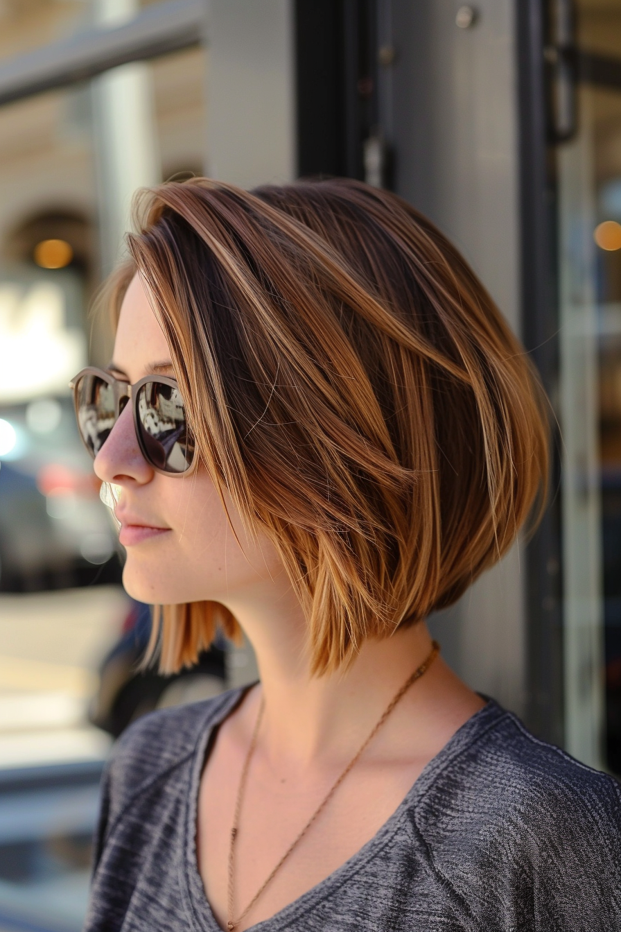 Summer bob hairstyle. Angled cut with sun-kissed highlights.