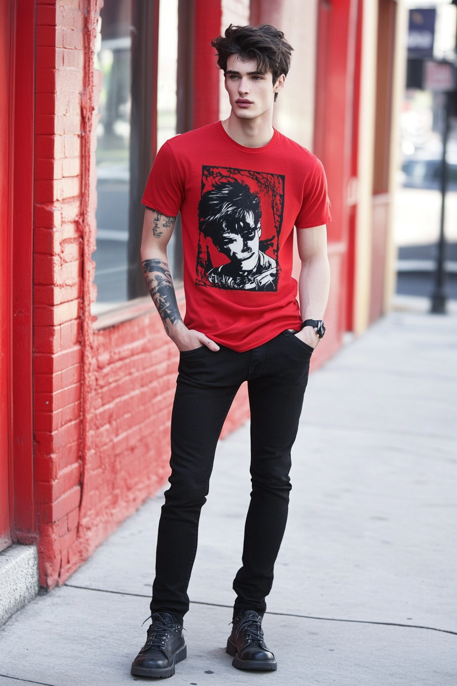 Men's edgy style. Black skinny jeans with a bold red graphic tee.