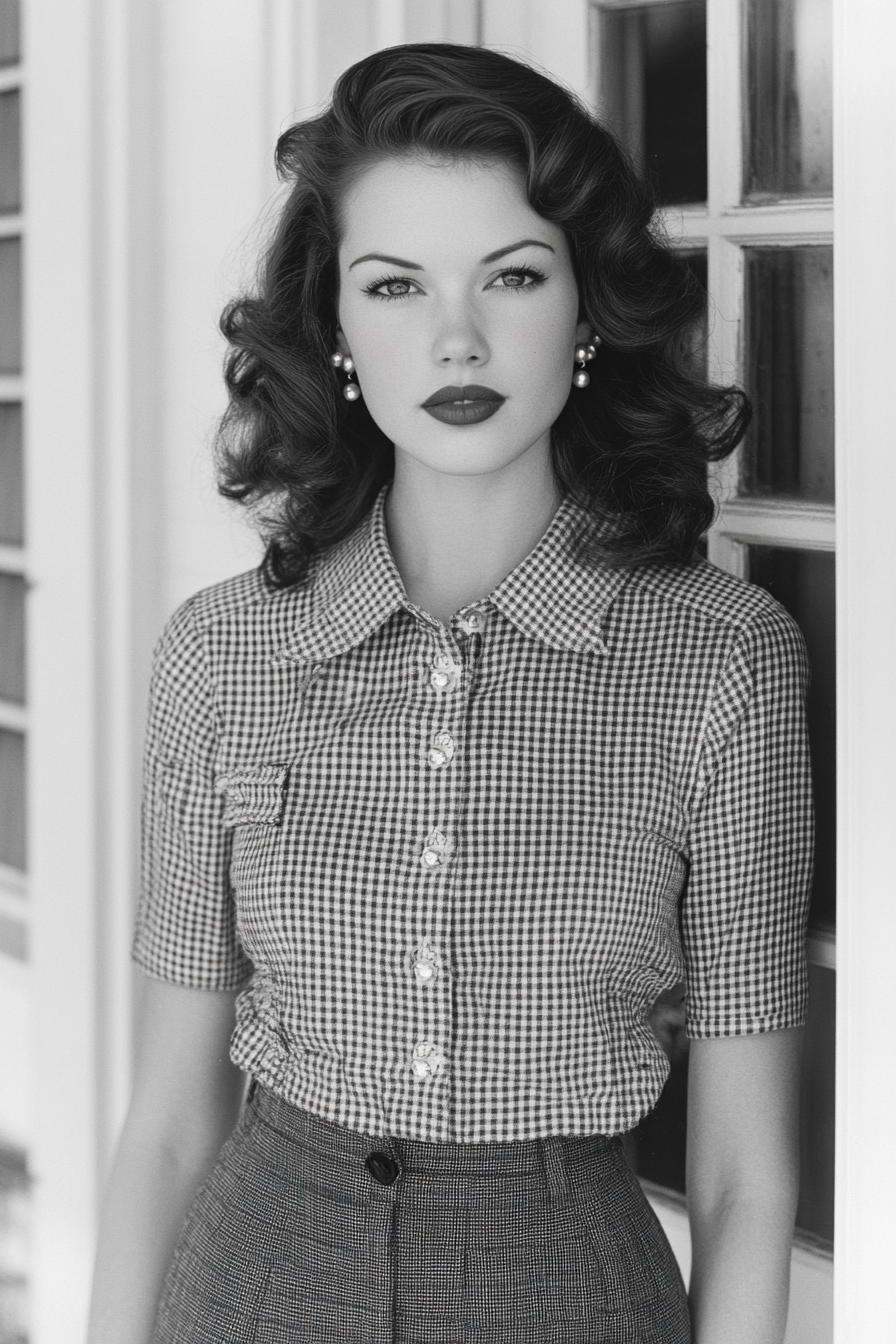 Classic women's style. Houndstooth pencil skirt with a pearl-studded blouse.