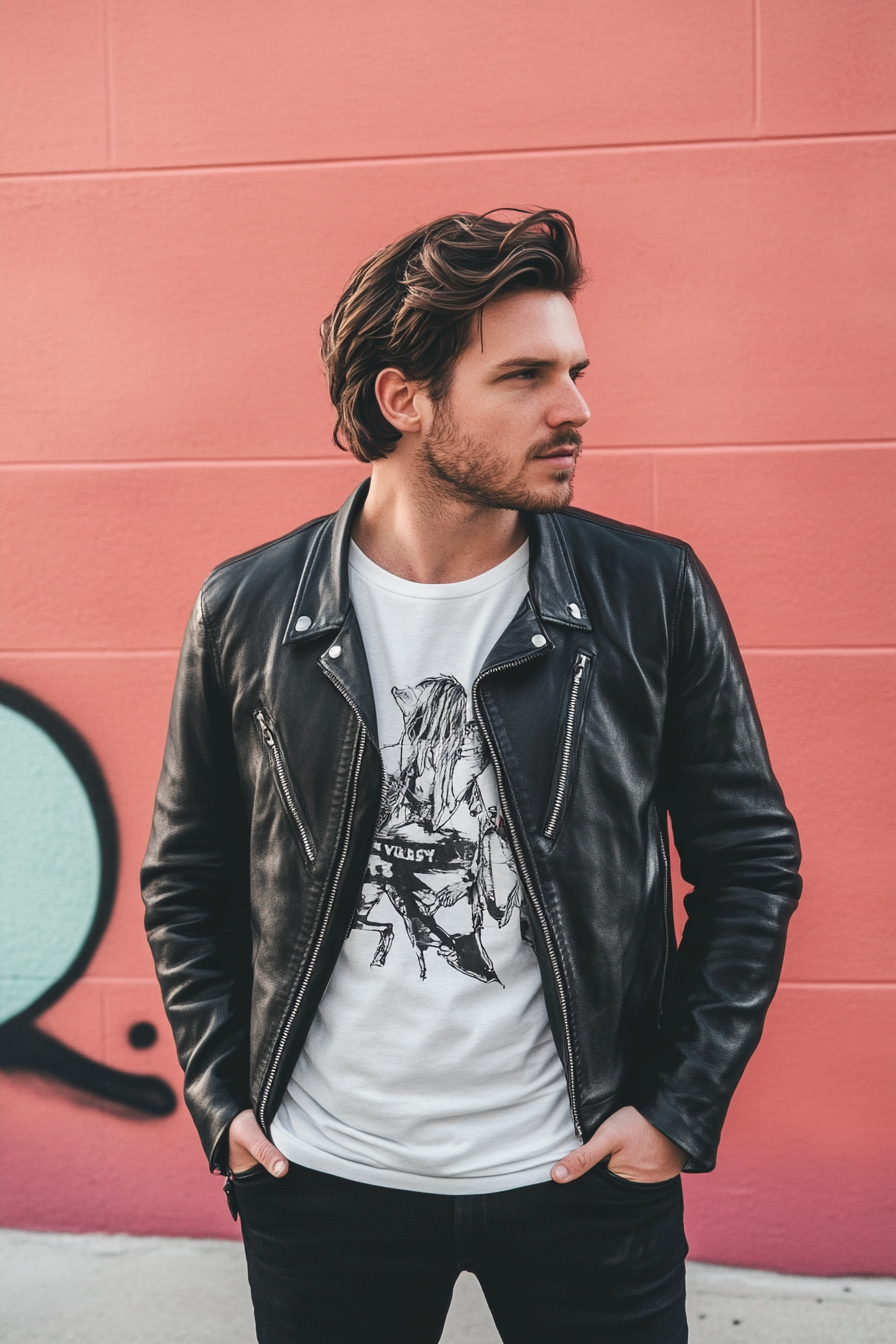 Men's Edgy Style. Black leather jacket with distressed white graphic tee.