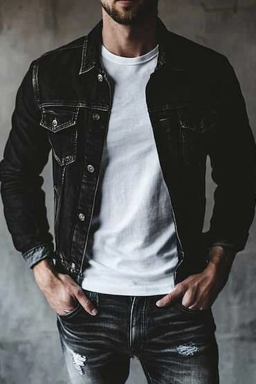 Men's modern style. Black denim jacket over white tee, faded slim fit jeans.