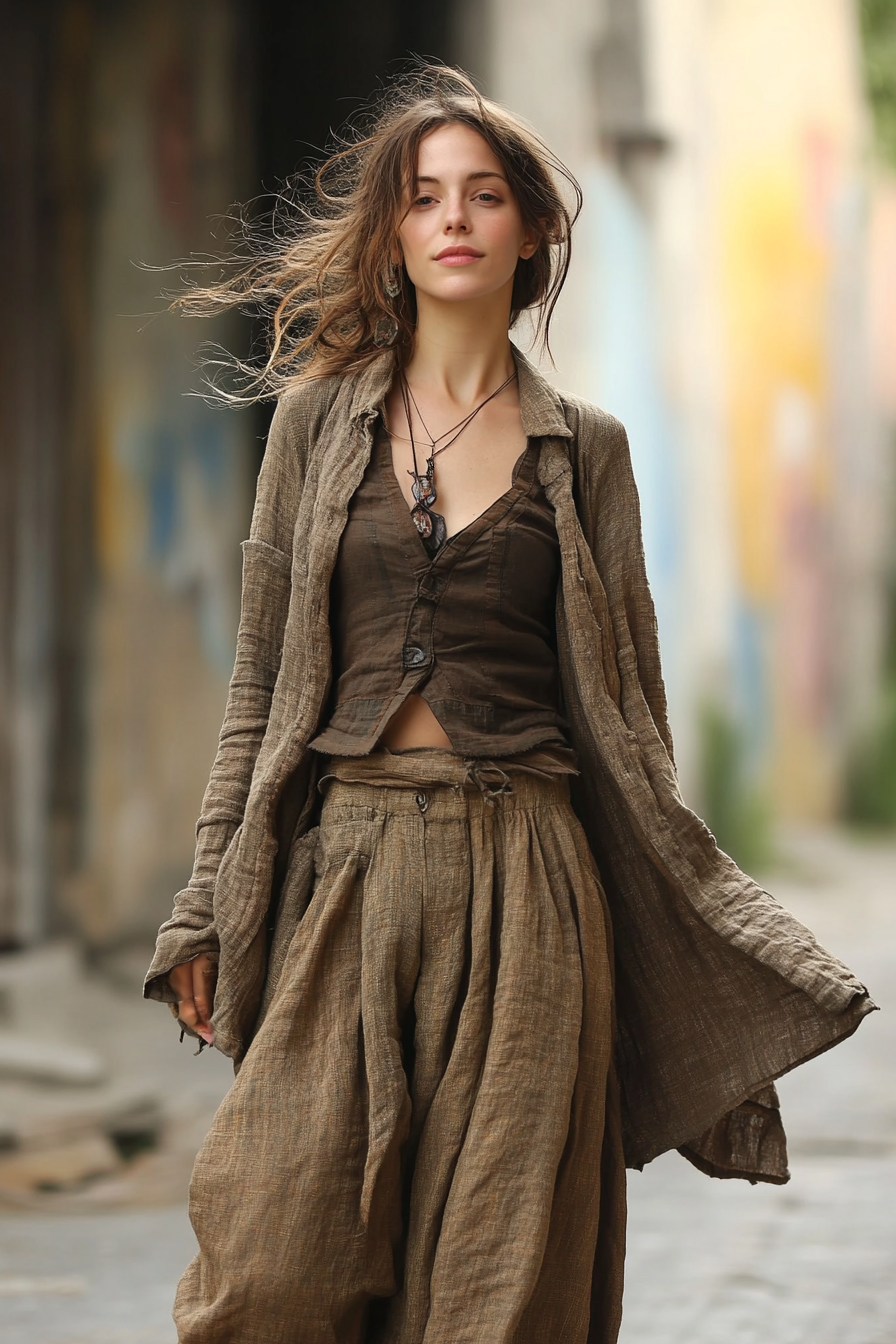 Natural style women's clothing. Earth-tone flared trousers with cropped, blended linen shirt.